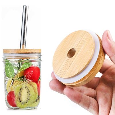 Silicon Ring Bamboo Airtight Lids Mouth Wide Mason Jar Glass Beer Can With Straw Hole